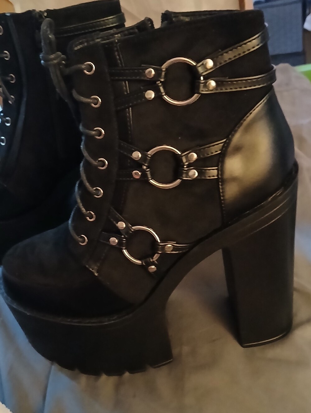 Black Platform Lace-Up Ankle Boots with Ring Strap Detail - Picture 2 of 3